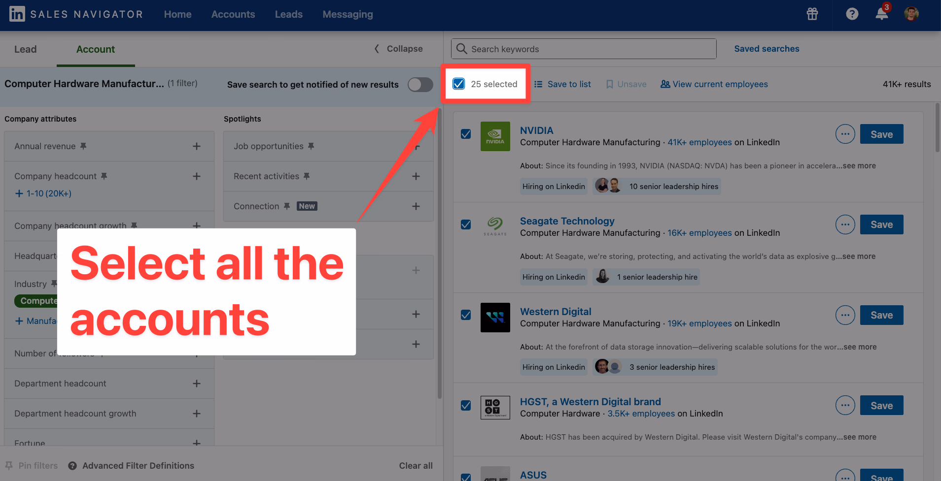 Select all the accounts on LinkedIn Sales Navigator