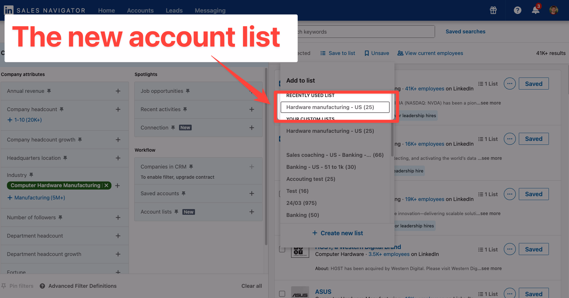 New account list on LinkedIn Sales Navigator