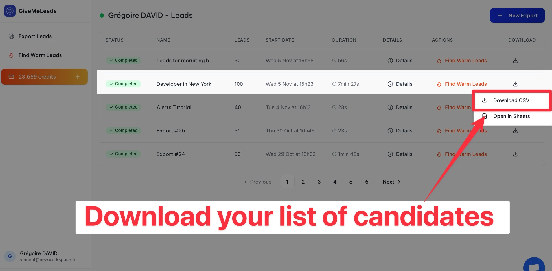 Download a list of candidates from LinkedIn Sales Navigator with GiveMeLeads