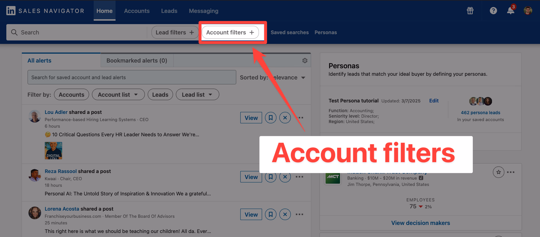 How to find account filters on LinkedIn Sales Navigator homepage