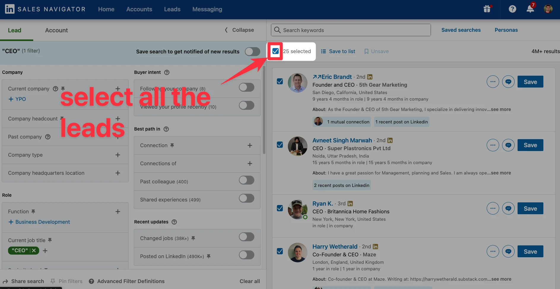 Select all leads in LinkedIn Sales Navigator