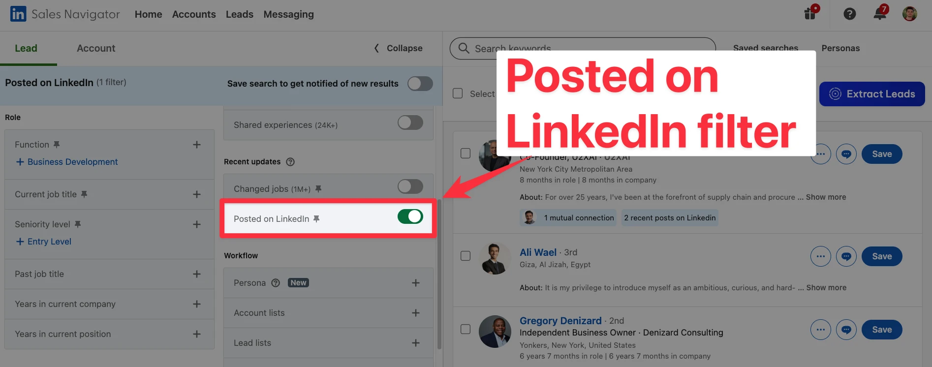 Posted on LinkedIn filter on LinkedIn Sales Navigator