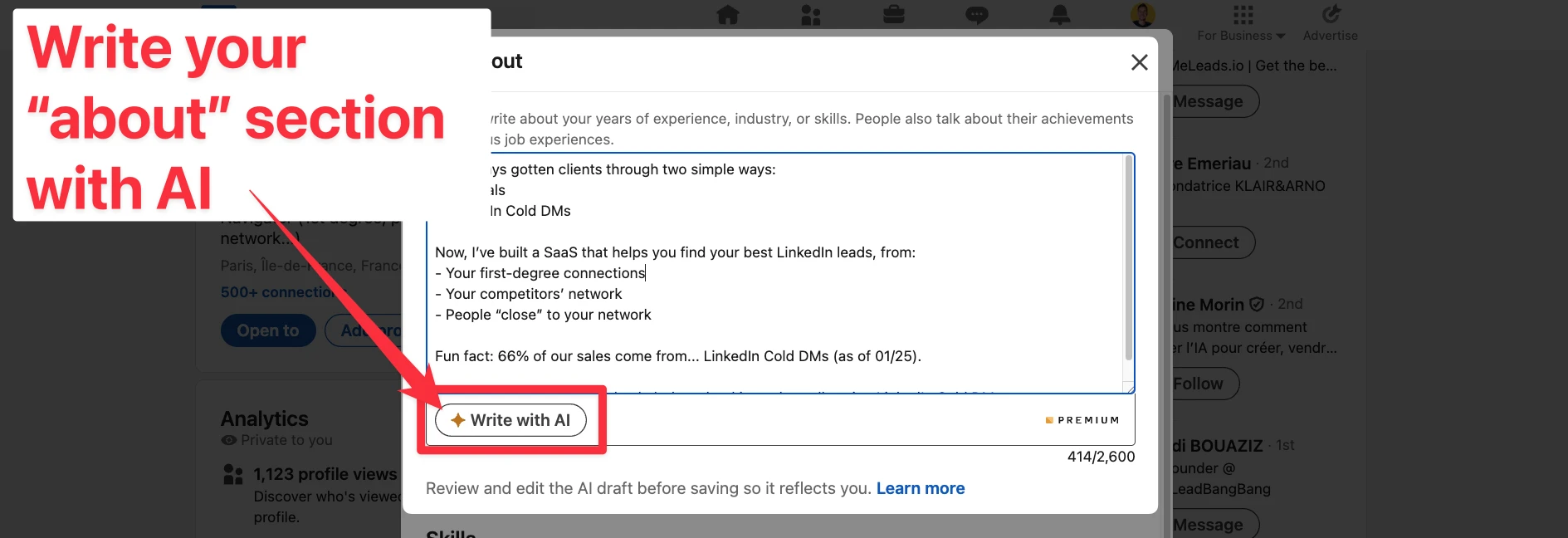 Write your about section with AI on LinkedIn