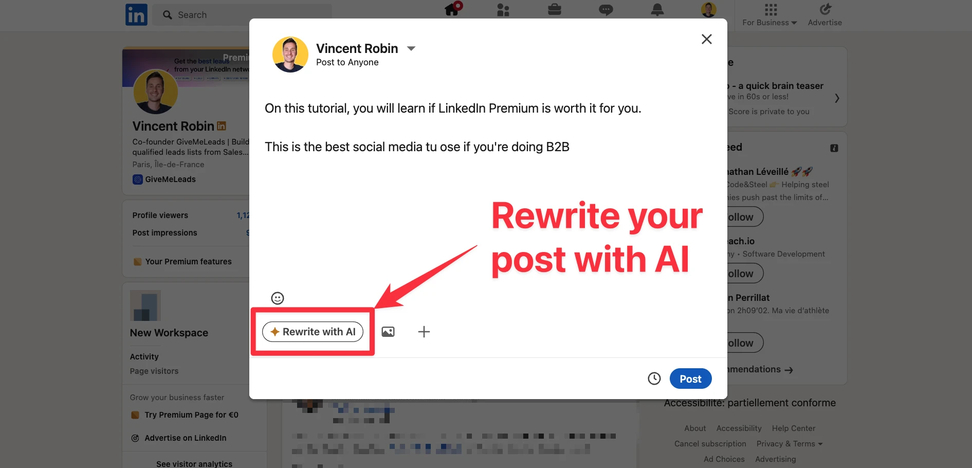 Rewrite your LinkedIn post with AI