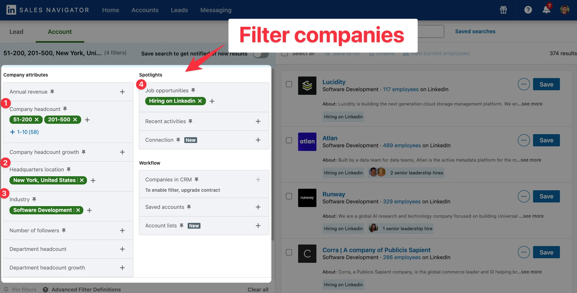 All the lead filters from Sales Navigator