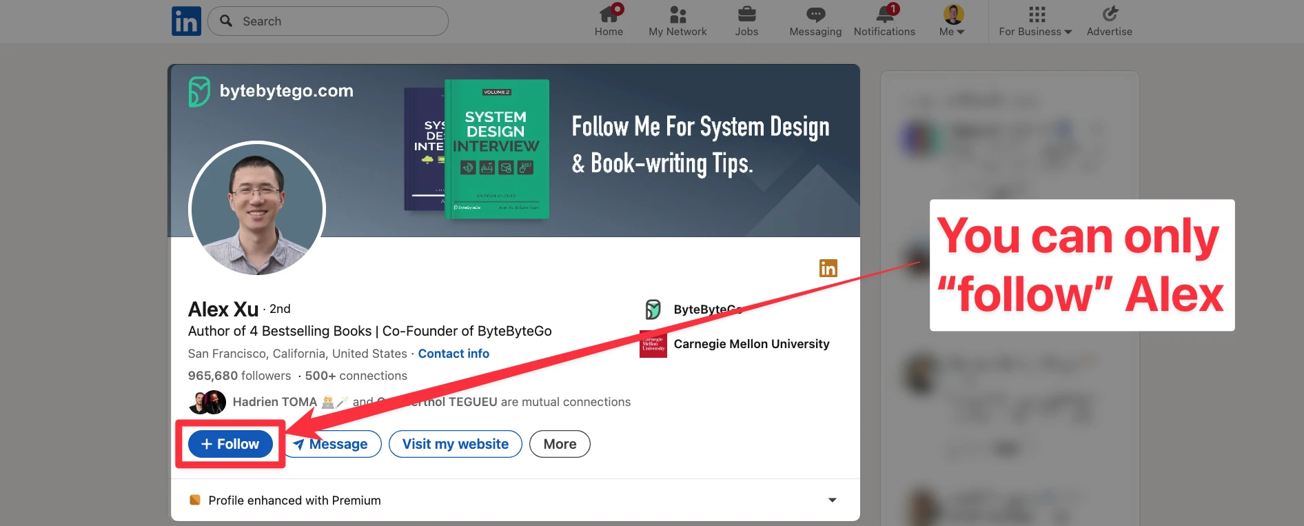 Follow button on LinkedIn