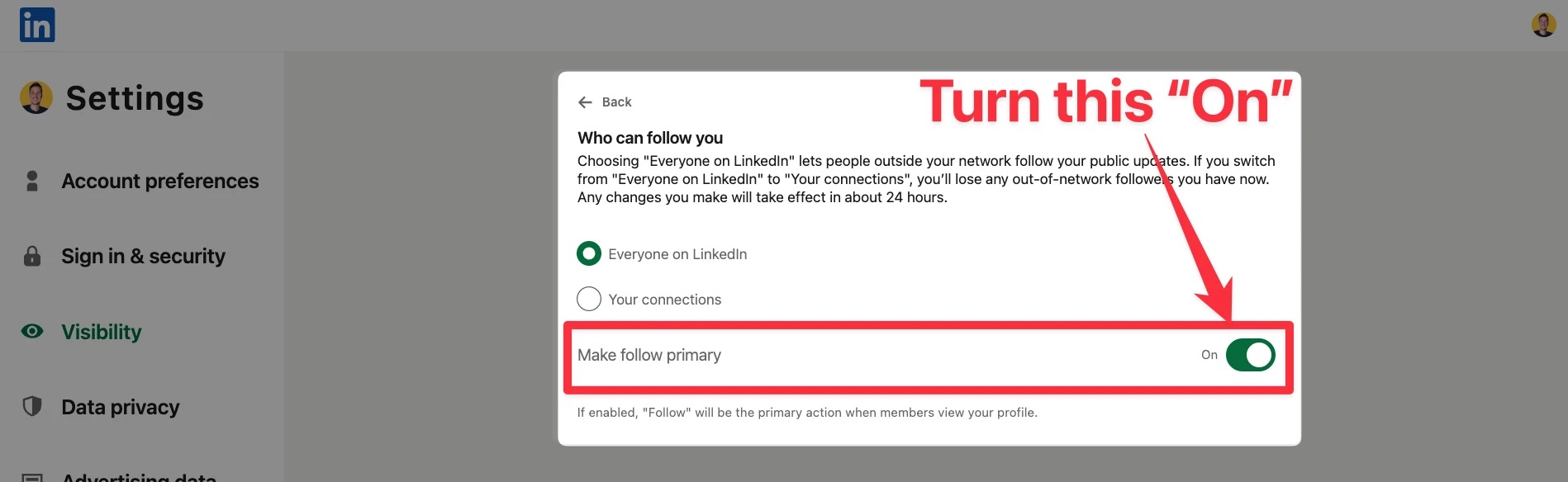 Click on Make follow primary on LinkedIn