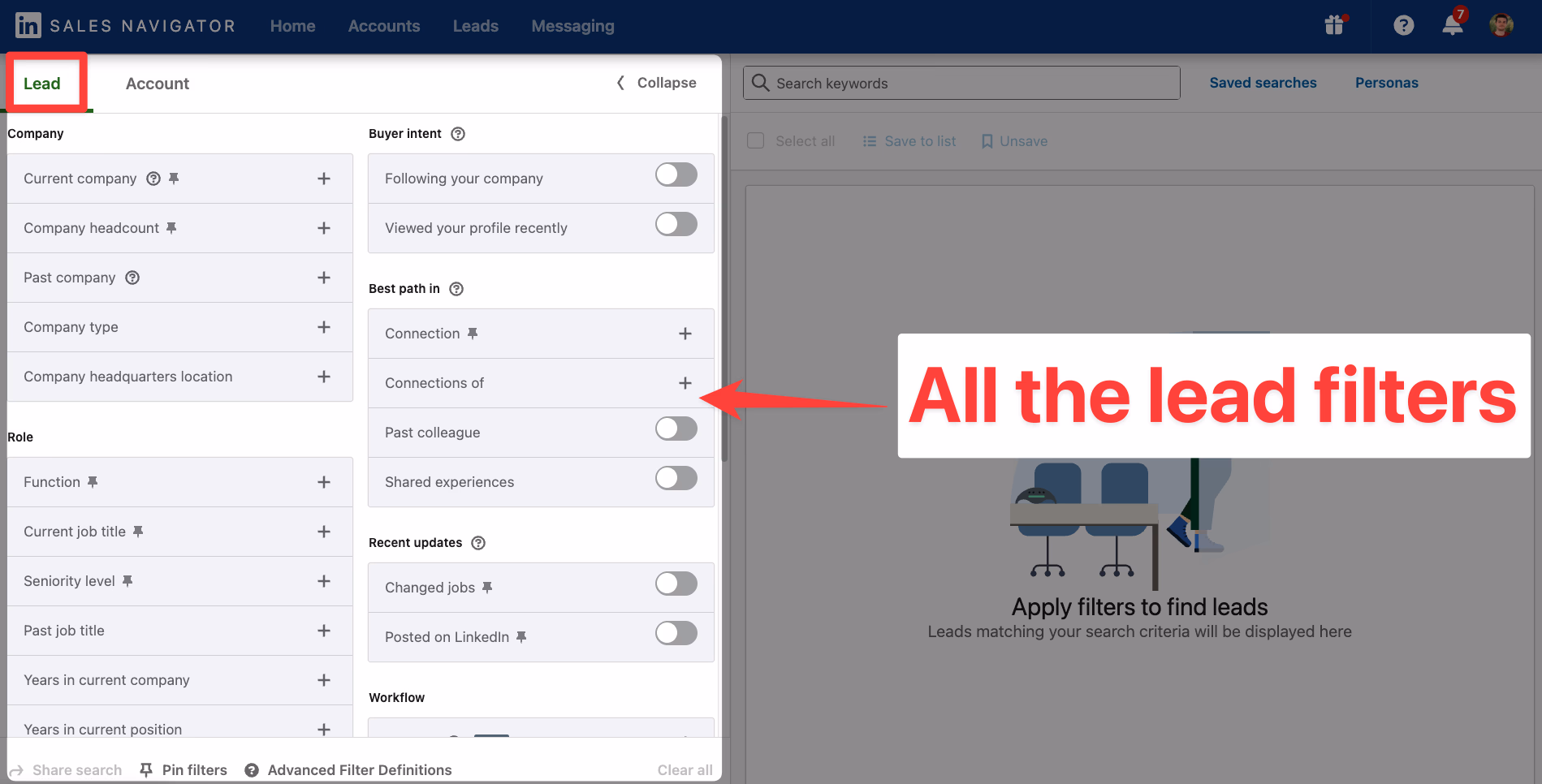 All the lead filters from Sales Navigator