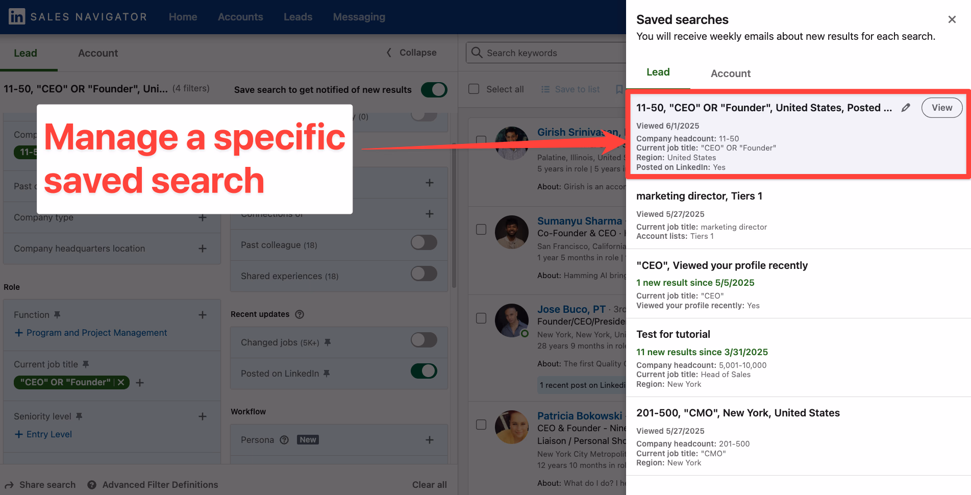 Manage a specific saved search in LinkedIn Sales Navigator