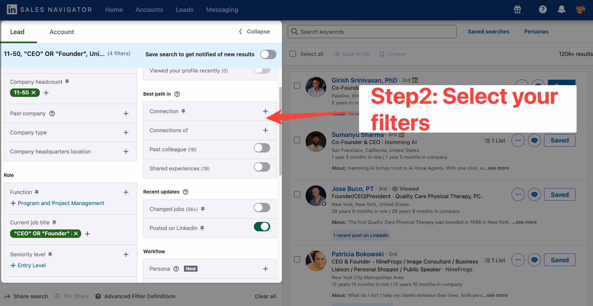 Search with filters applied on LinkedIn Sales Navigator