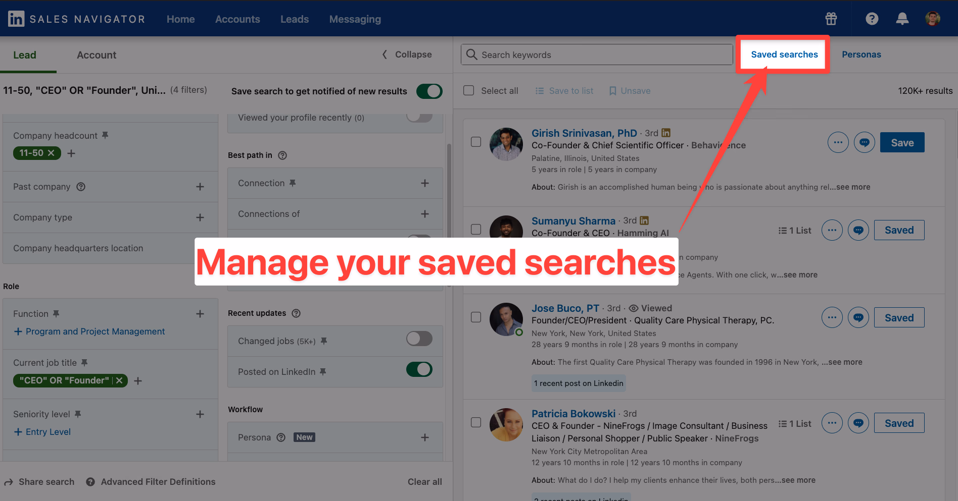 How to manage your saved searches in LinkedIn Sales Navigator