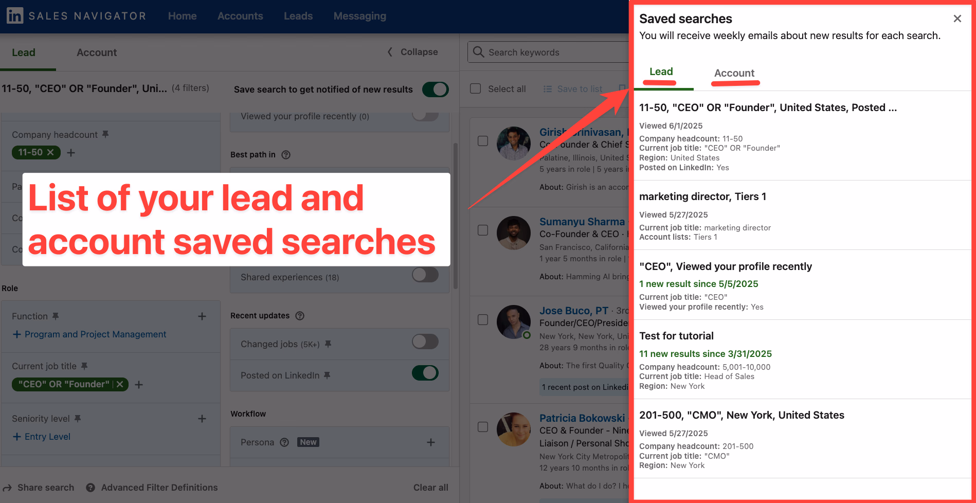List of your lead and account saved searches in LinkedIn Sales Navigator