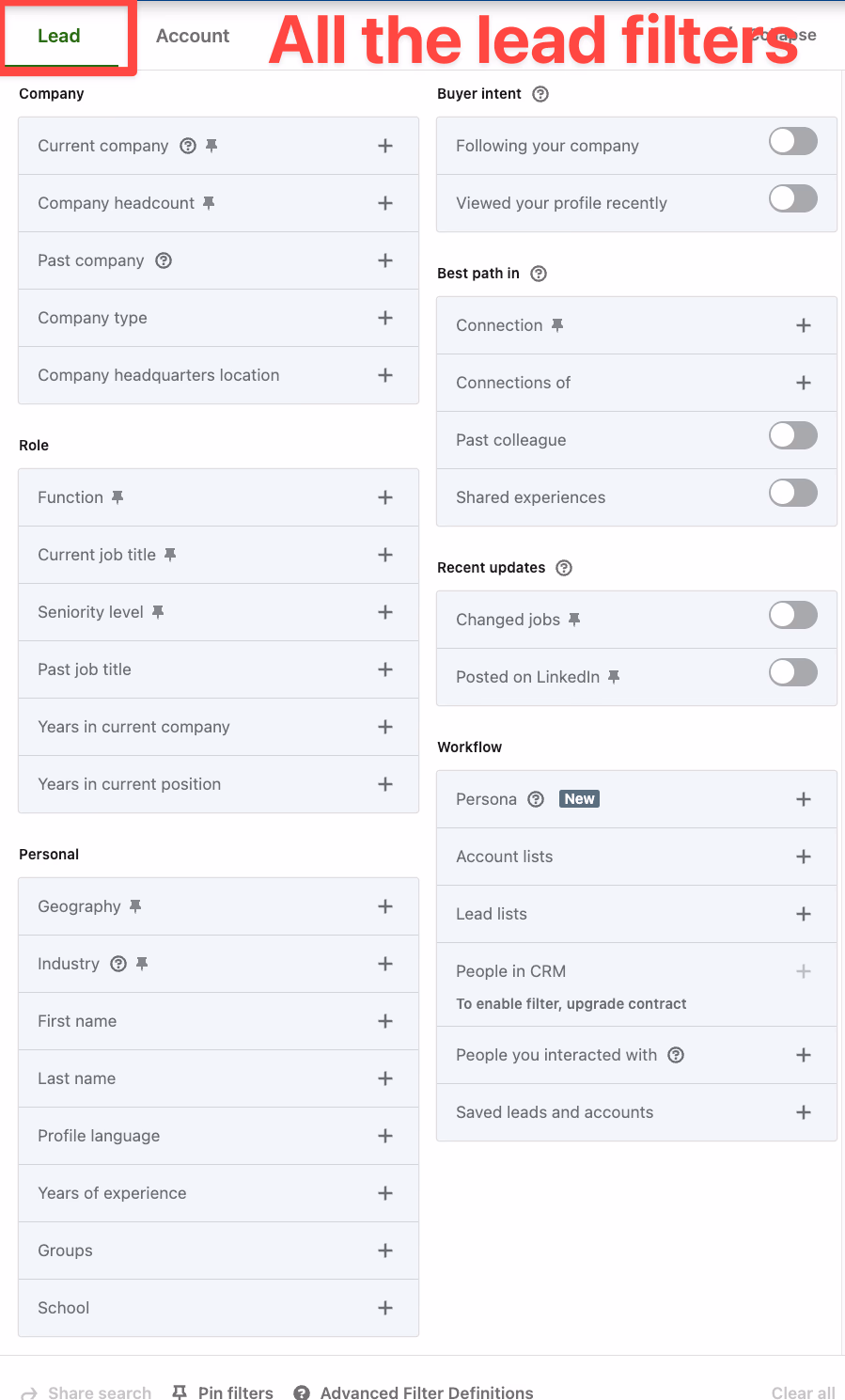 Lead filter categories on LinkedIn Sales Navigator