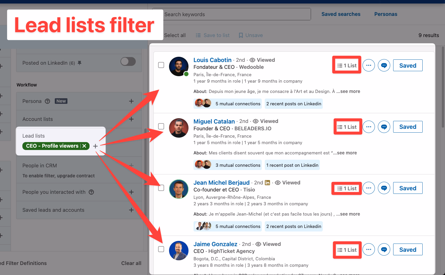 Lead lists filter on LinkedIn Sales Navigator