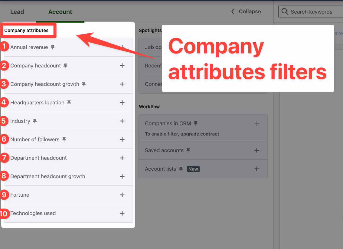 Company attributes filters section on LinkedIn Sales Navigator