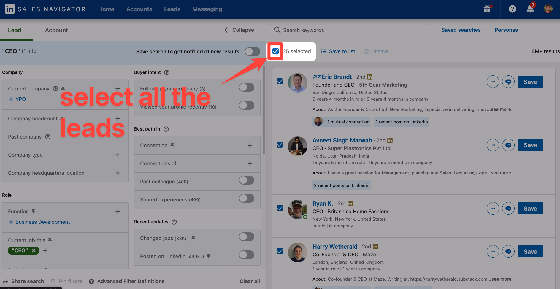 Select all the leads on LinkedIn Sales Navigator
