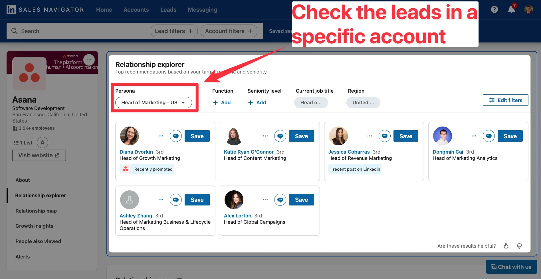 Check the leads in a specific account in relationship explorer in LinkedIn Sales Navigator