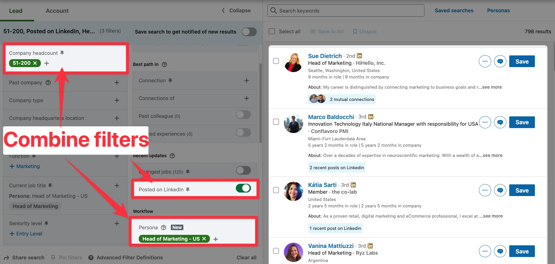 Persona with more filters on lead page in LinkedIn Sales Navigator