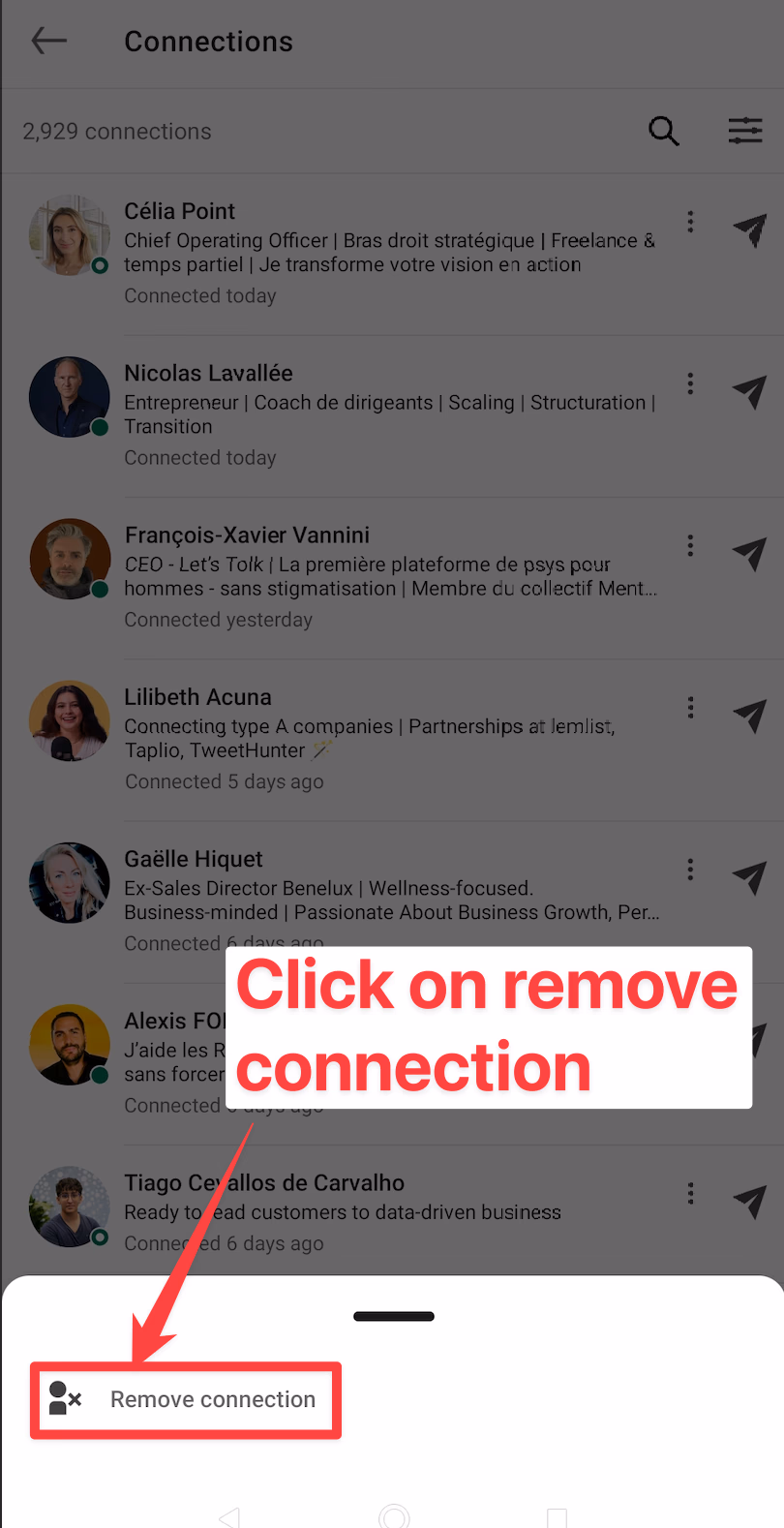 How to remove a connection in LinkedIn app, confirmation step