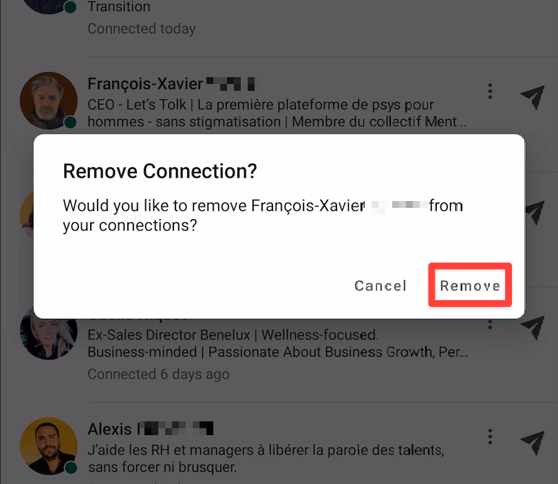 How to remove a connection in LinkedIn app, final confirmation
