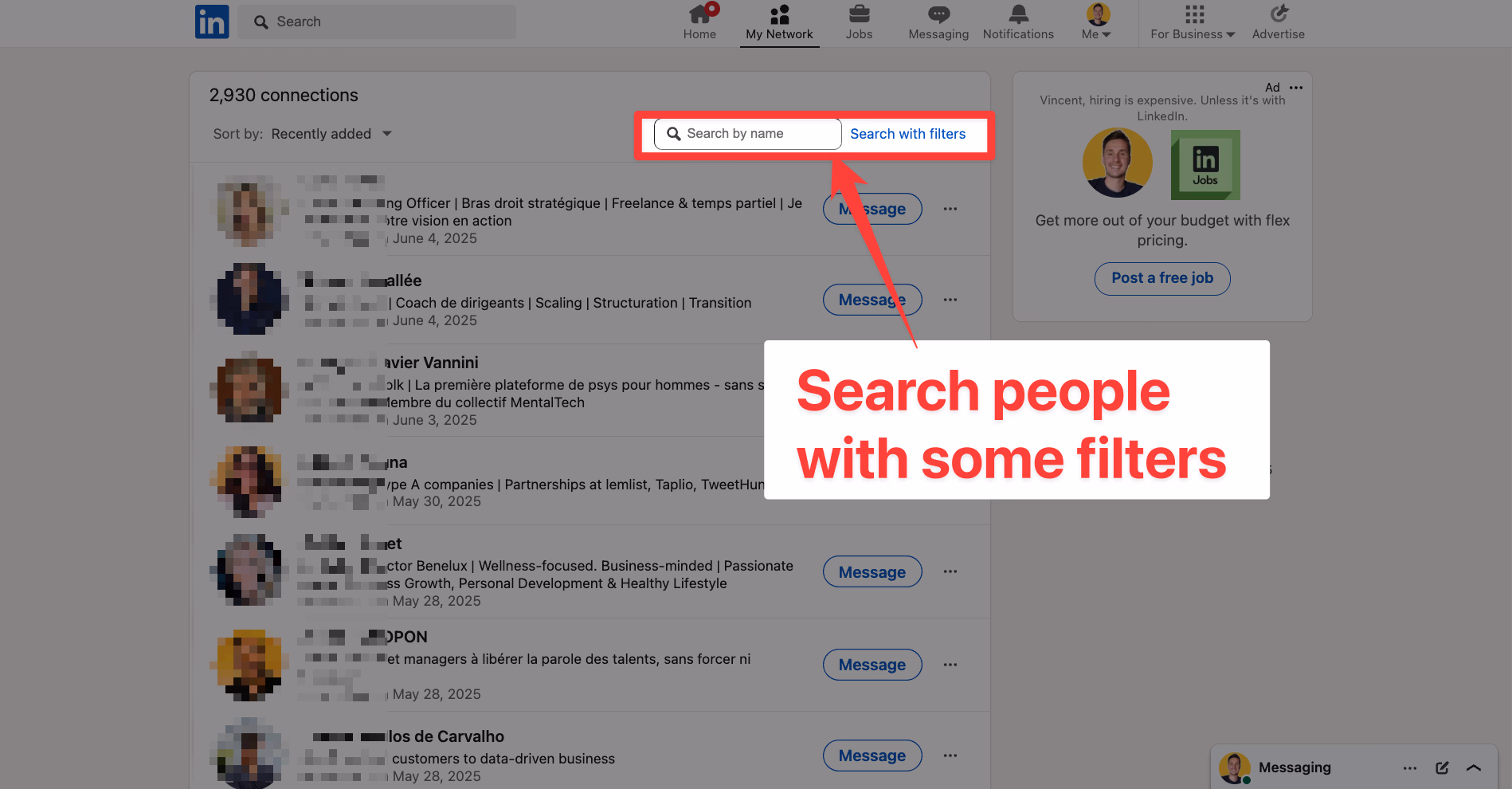 Search people with some filters in connections in LinkedIn