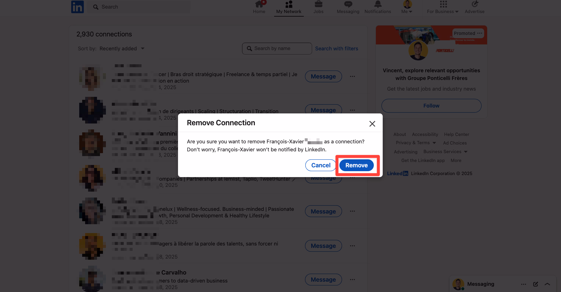 Confirm to remove a 1st degree connection in LinkedIn