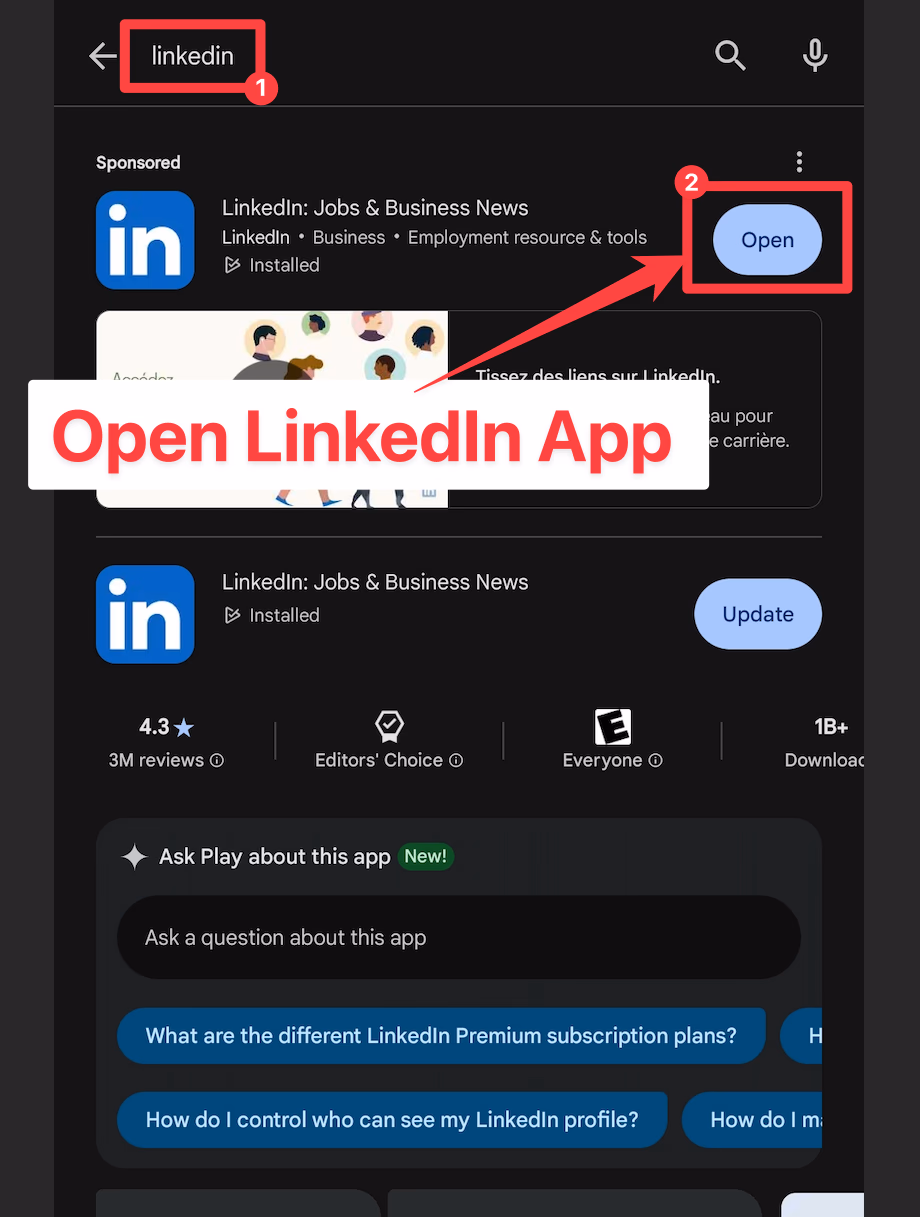 Find and open LinkedIn in Play or Apple Store