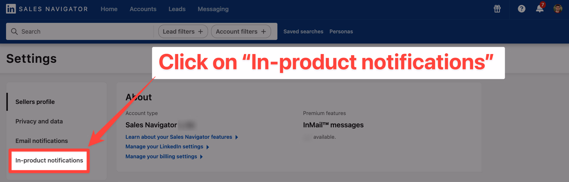 Click on In-Product notifications in LinkedIn Sales Navigator