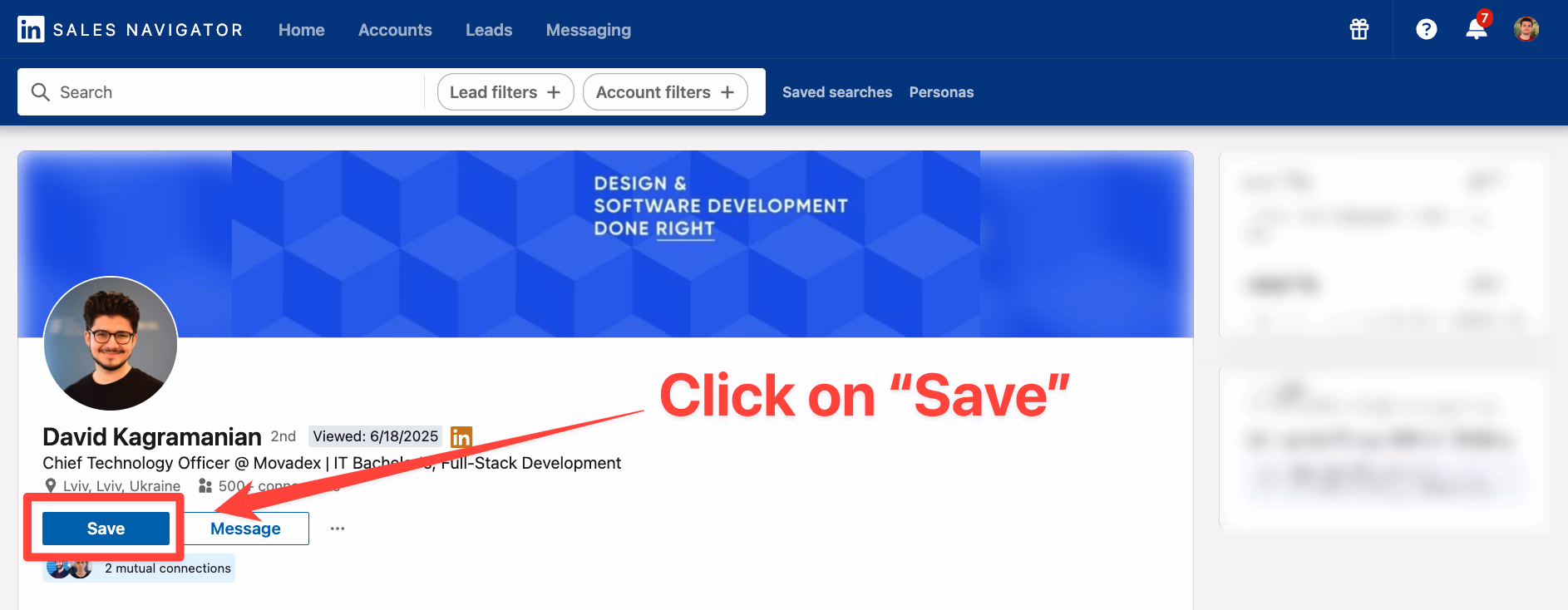 Save from a Sales Navigator profile page