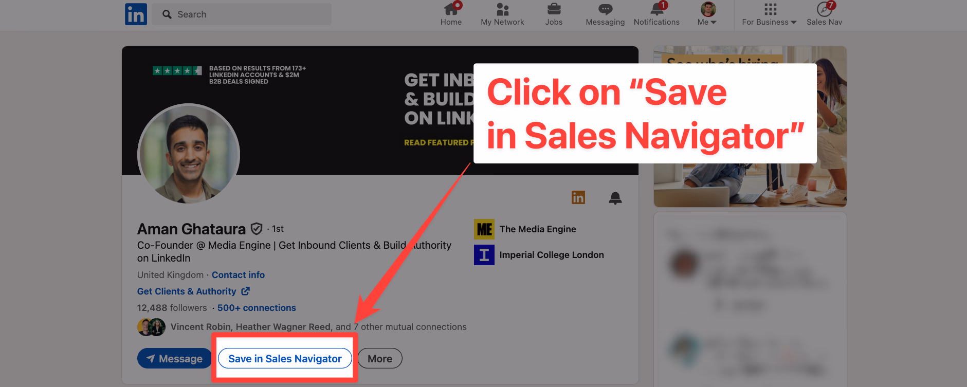 Click on Save in Sales Navigator on LinkedIn