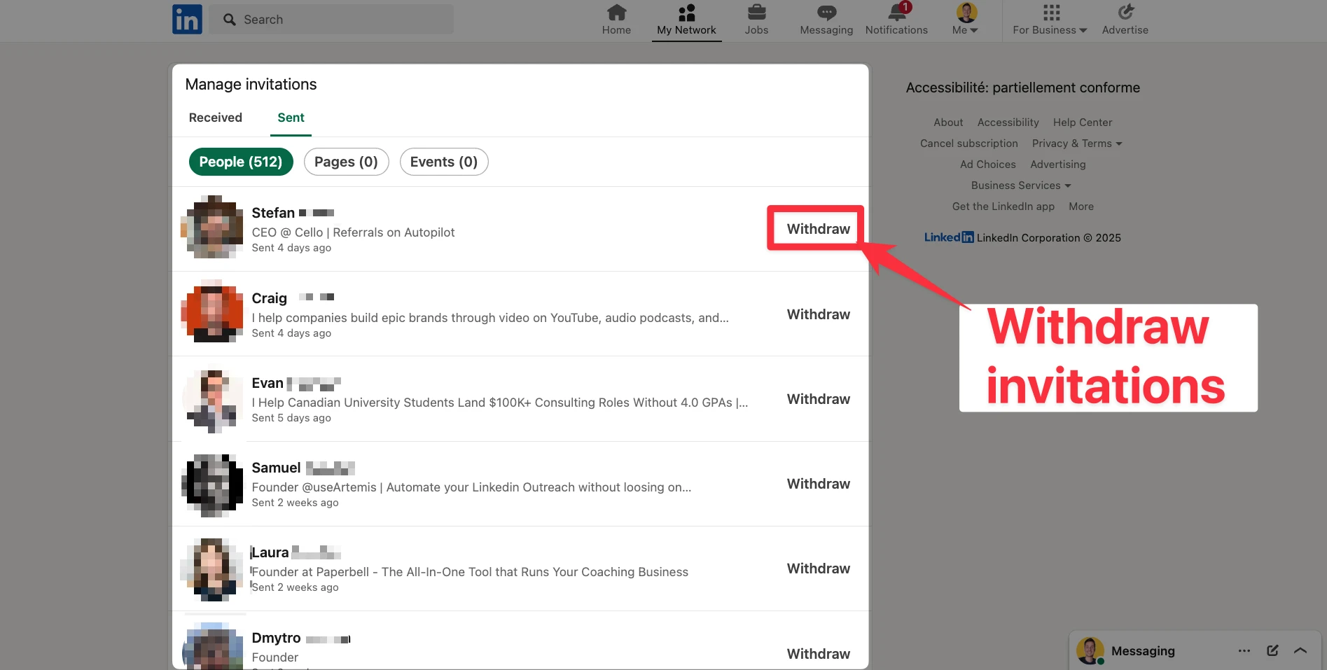 Withdraw invitations in LinkedIn