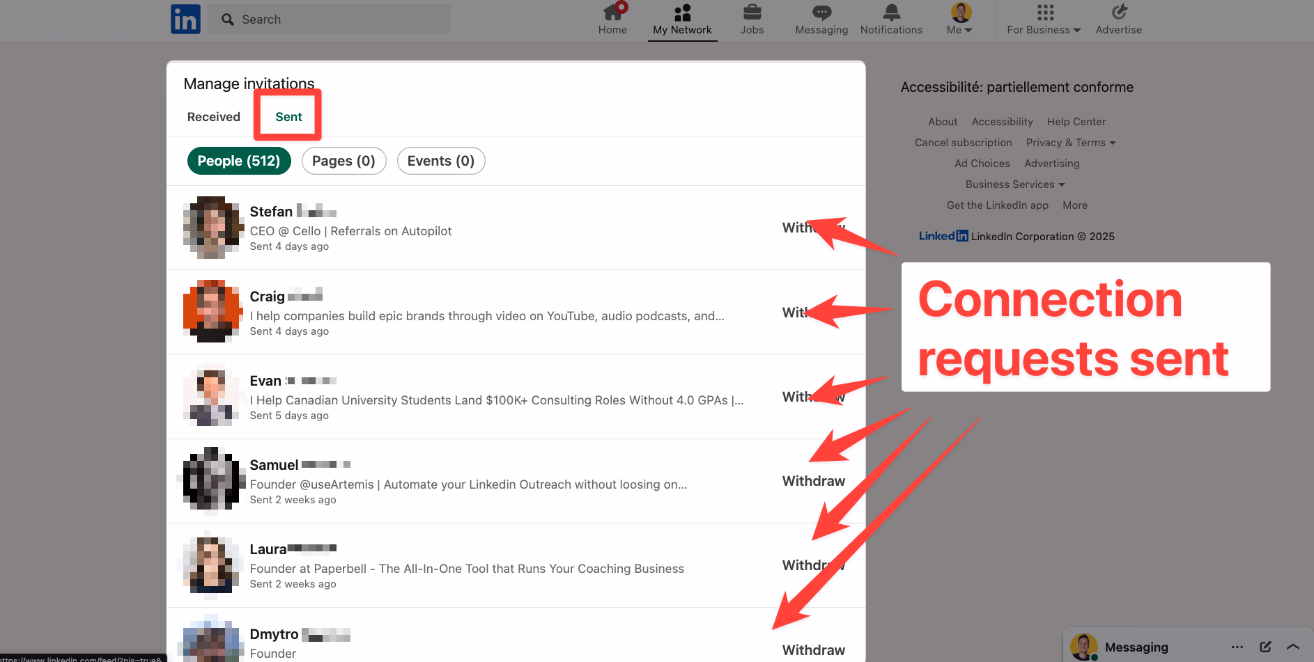 Sent invitations details in LinkedIn