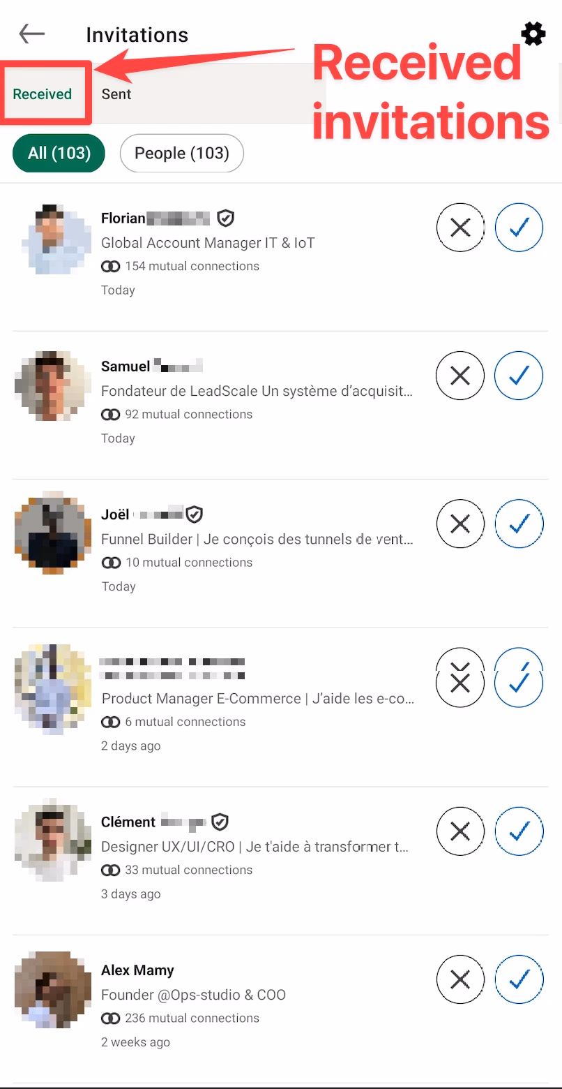 Connection requests received on LinkedIn application