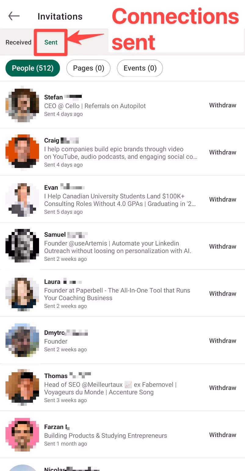 Invitations sent on LinkedIn App