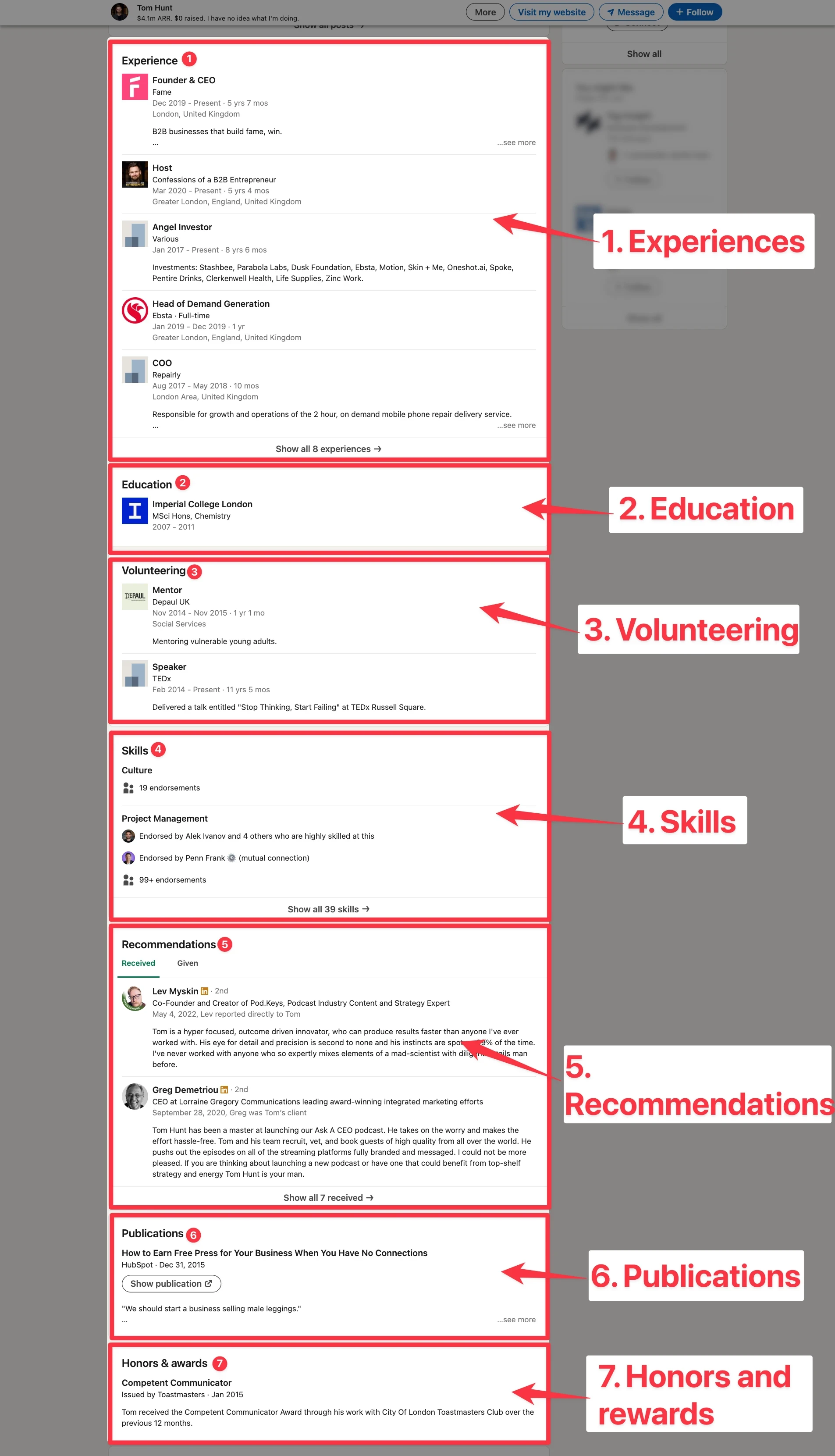 LinkedIn profile sections