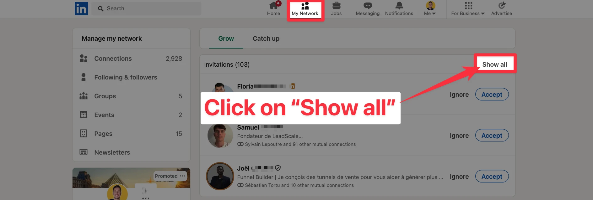 Click on Show all to access the connection requests sent