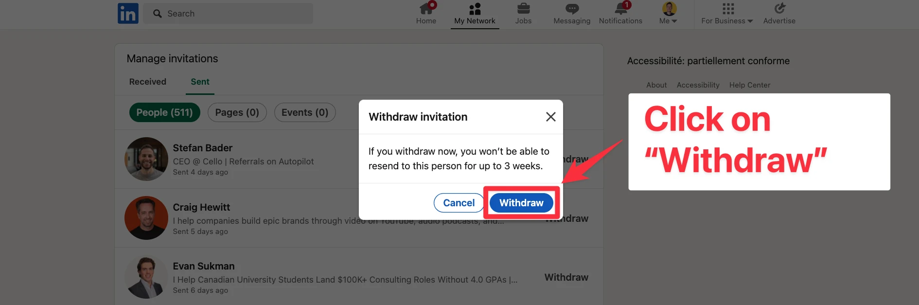 Confirm your withdraw connection request in LinkedIn