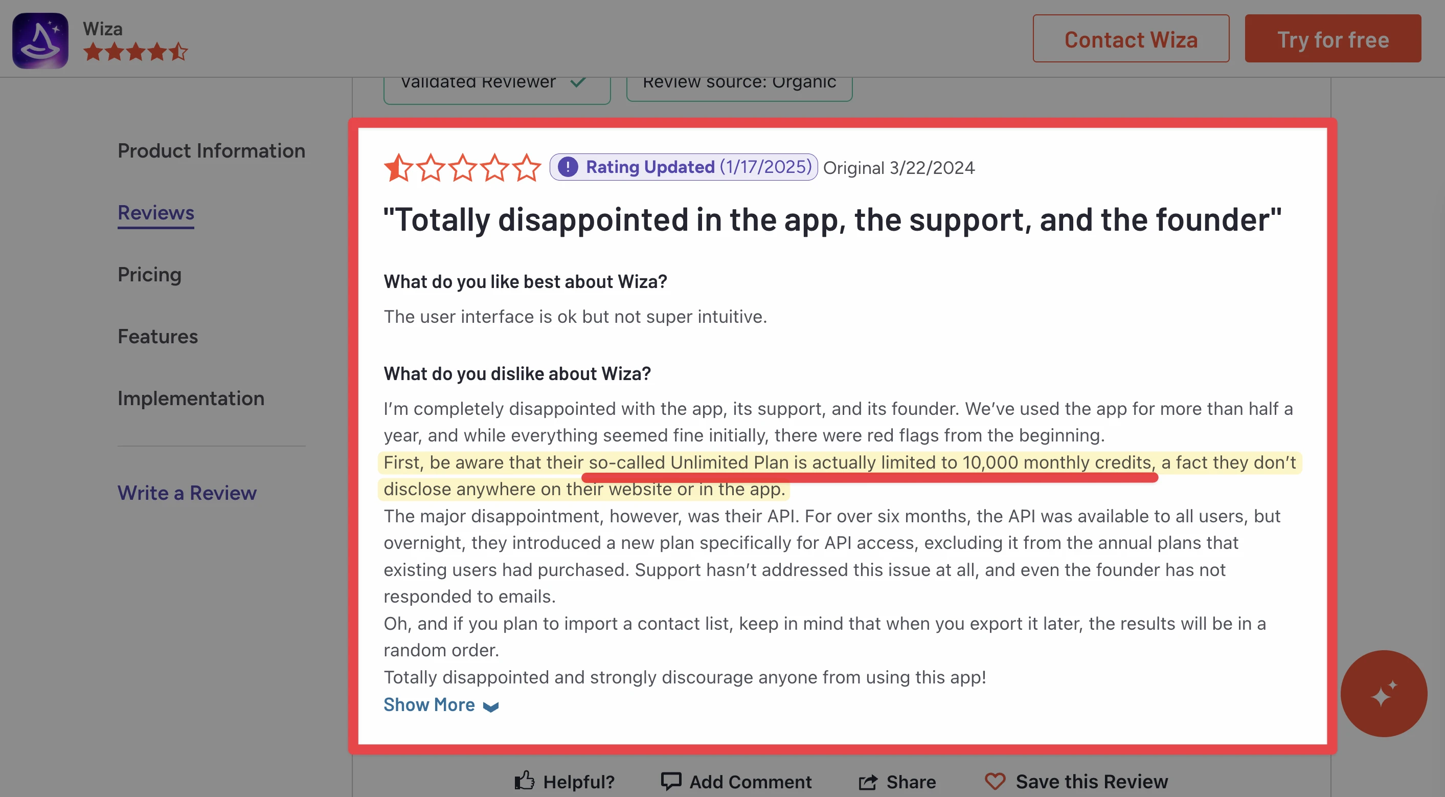 Wiza user review about hidden credit cap