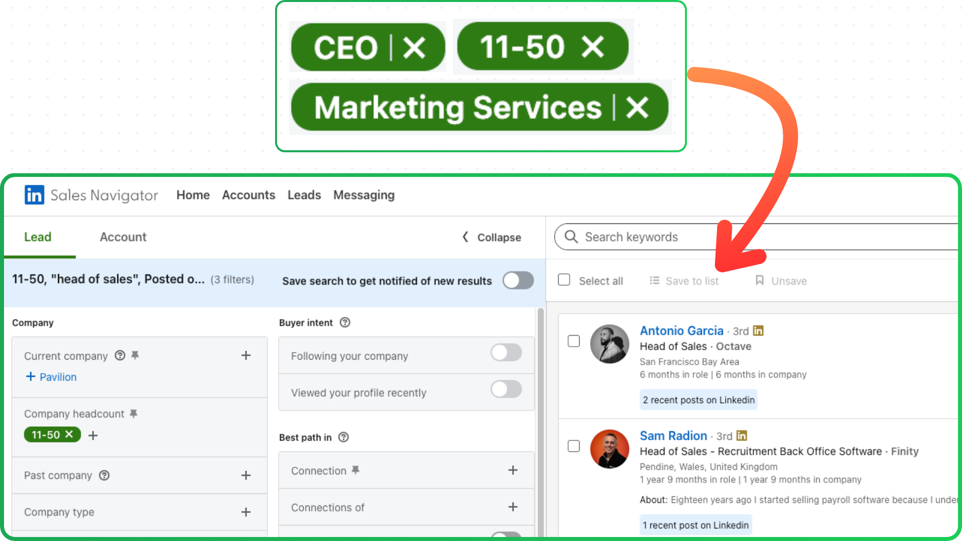 Sales Navigator filters for founders